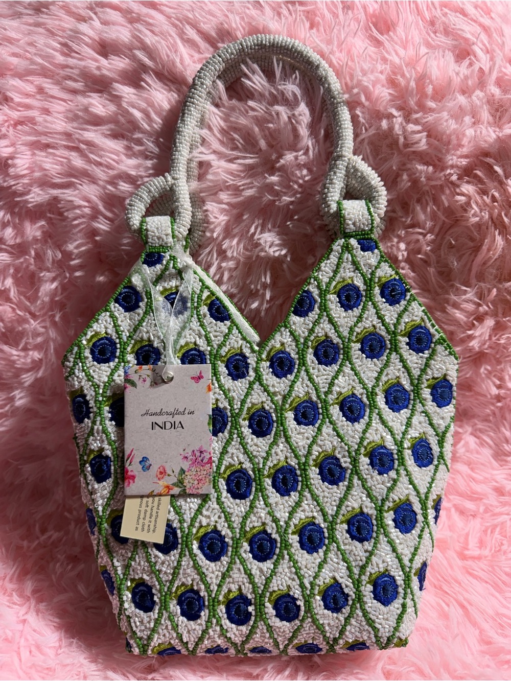 Handcrafted White & Blue Beaded Tote Bag by